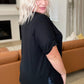 V-Neck Cuffed Sleeve Hi-Low Hem Top in Black