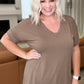V-Neck Cuffed Sleeve Hi-Low Hem Top in Mocha