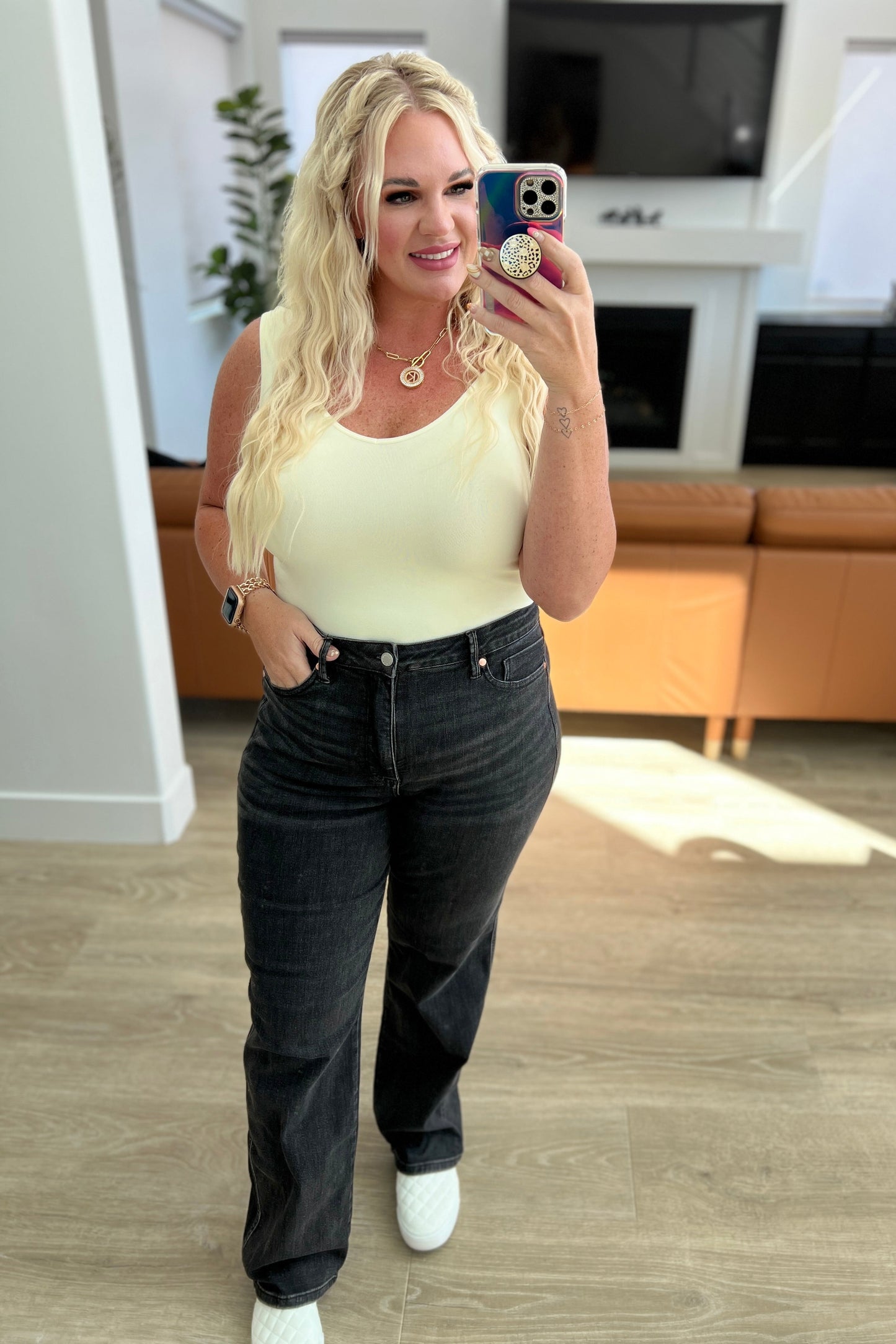 Joan High Rise Tummy  Control Top Straight Jeans in Washed Black
