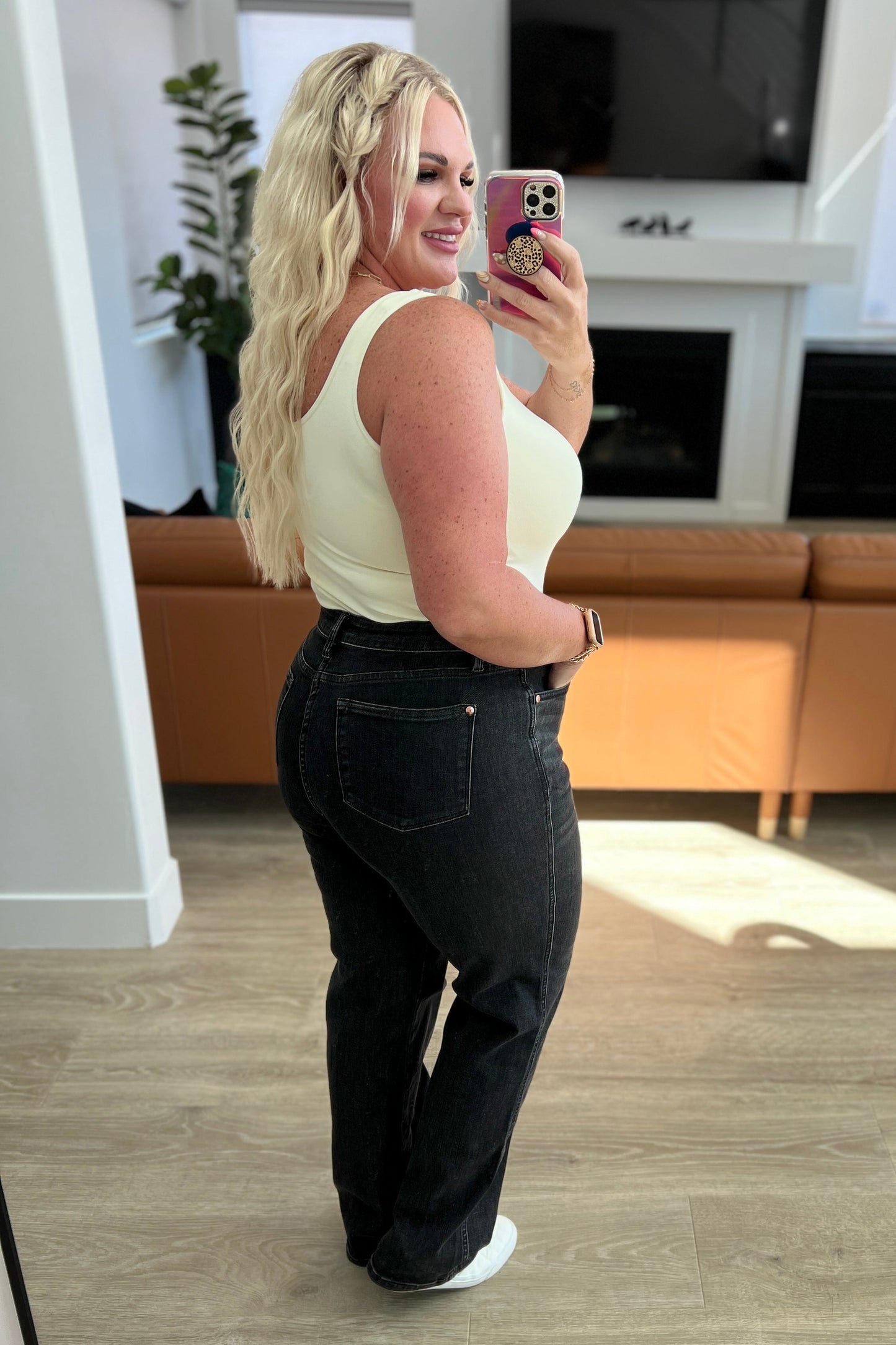 Joan High Rise Tummy  Control Top Straight Jeans in Washed Black