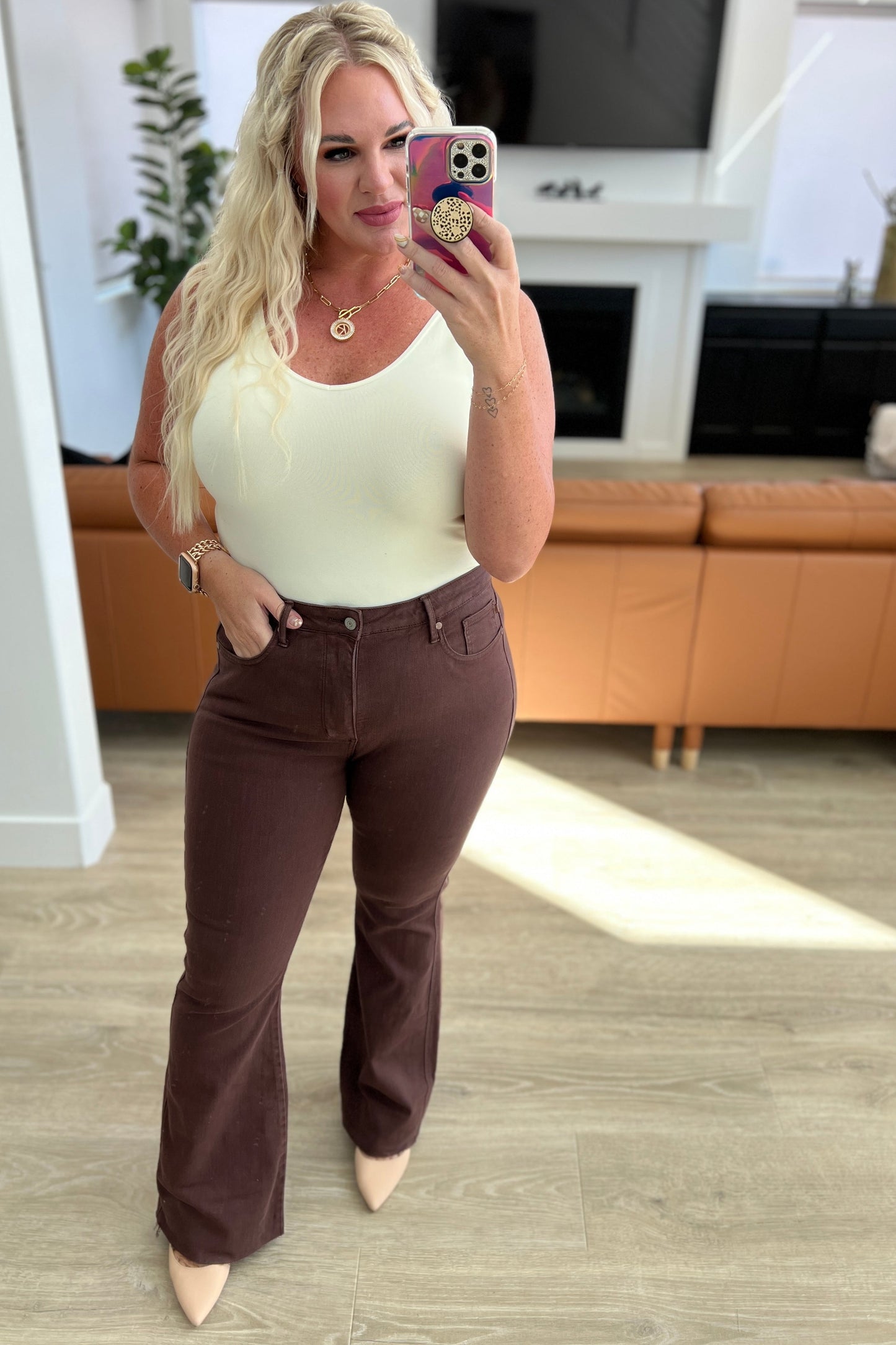 Sienna High Rise Tummy Control Top Flare Jeans in Espresso