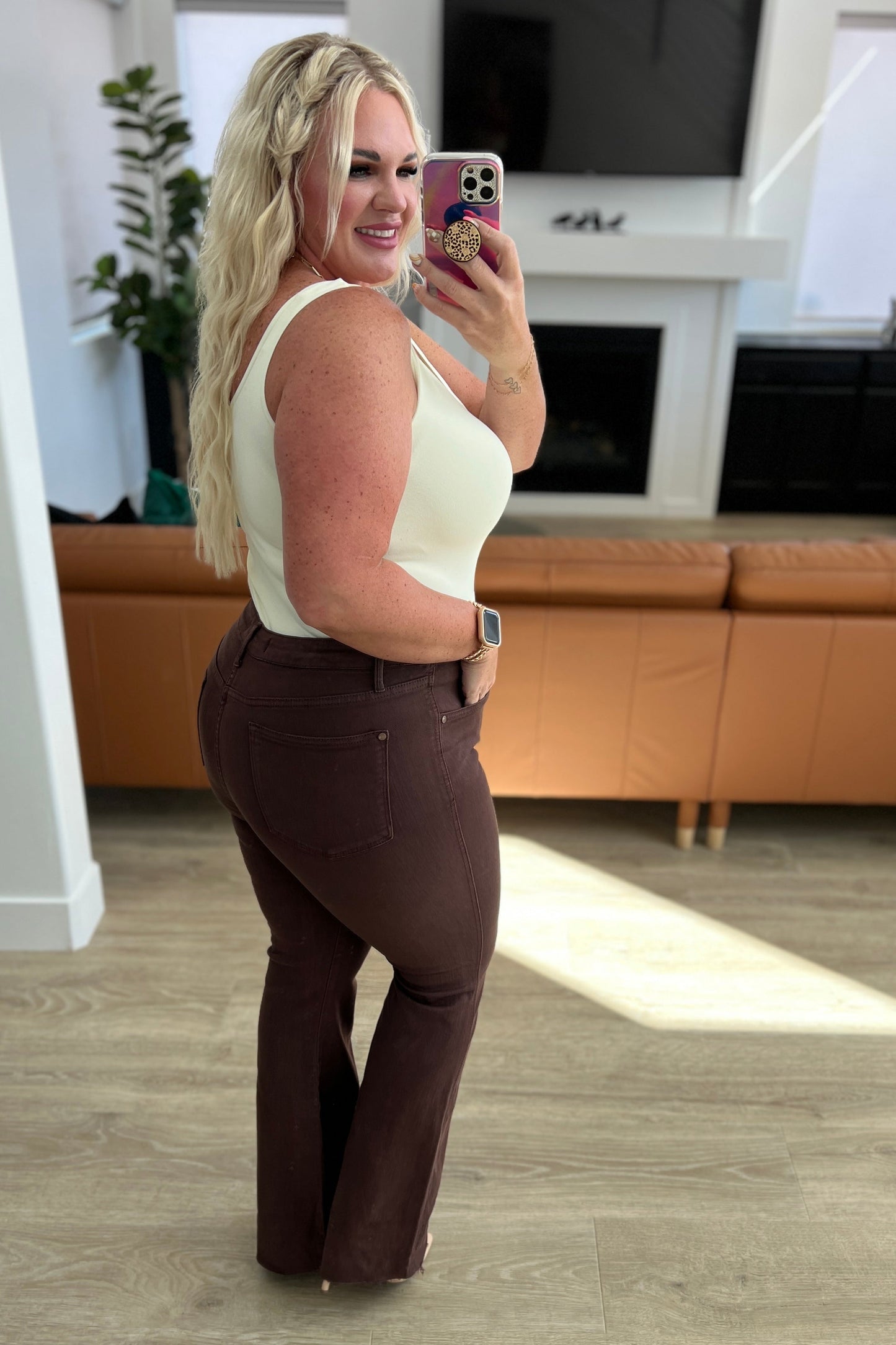 Sienna High Rise Tummy Control Top Flare Jeans in Espresso