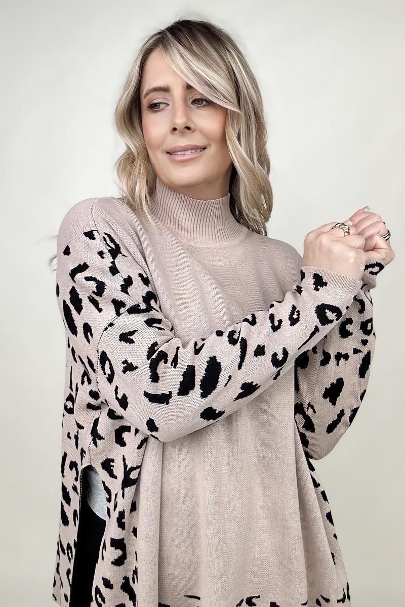 Khaki Leopard Mock Neck Dolman Sweater