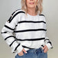 White and Black Stripe Sweater With Pearl Button Detail