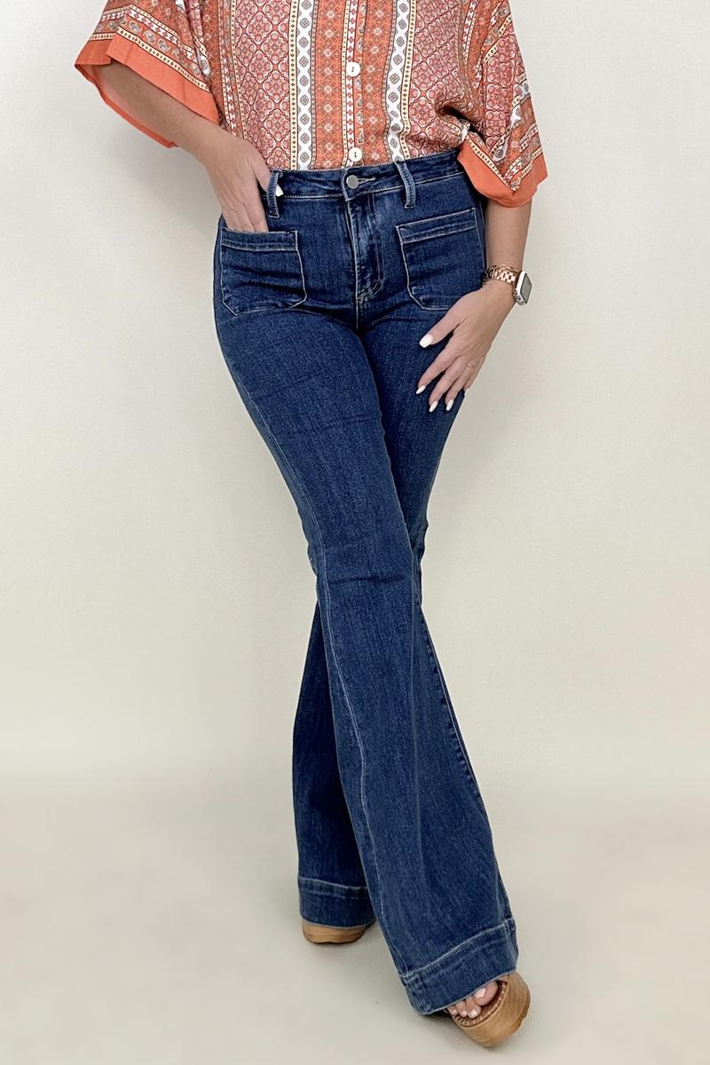 Risen High Rise Front Pocket Sailor Flare Jeans