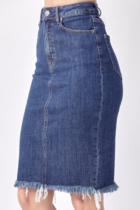 RISEN FRAY HEM CLEAN MIDI SKIRT