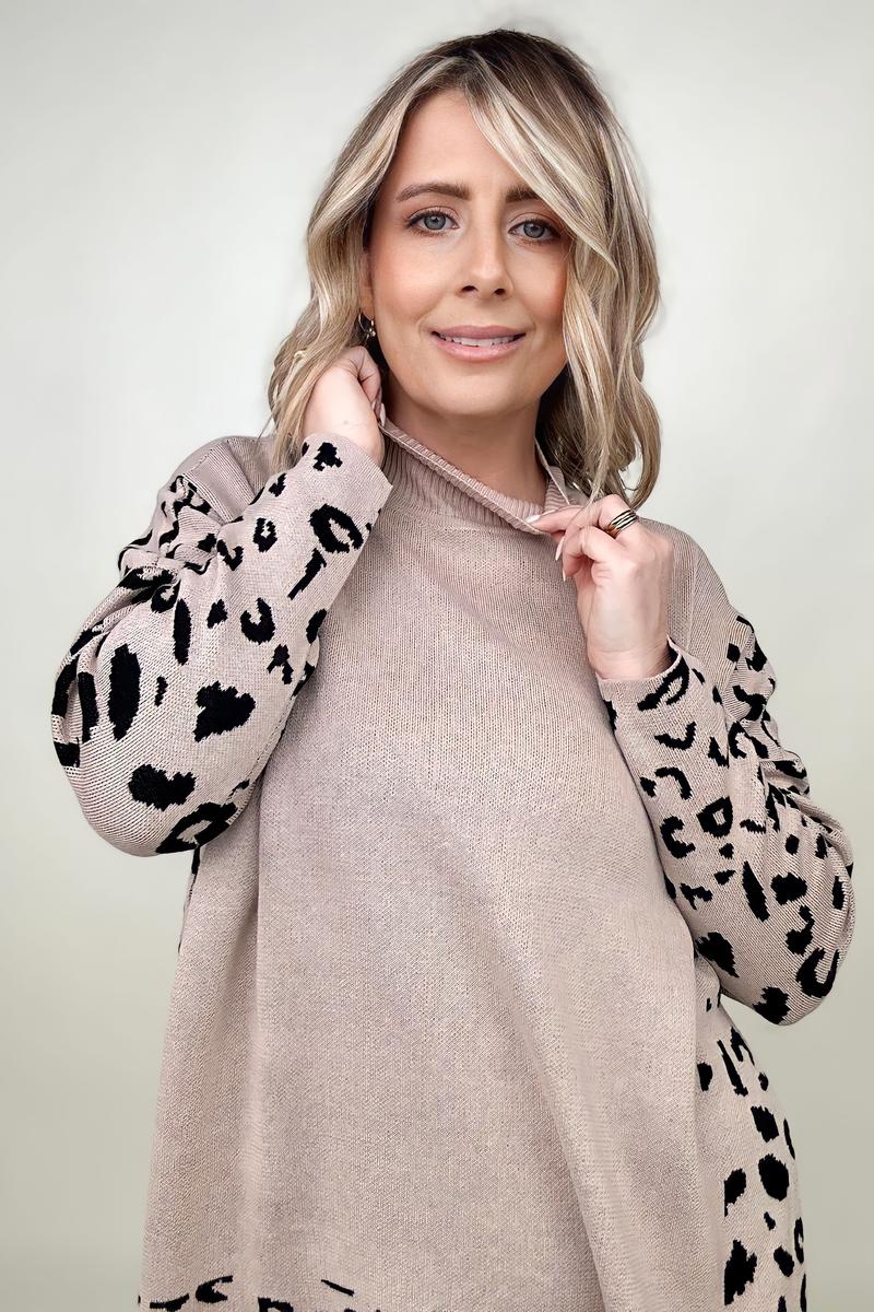 Khaki Leopard Mock Neck Dolman Sweater