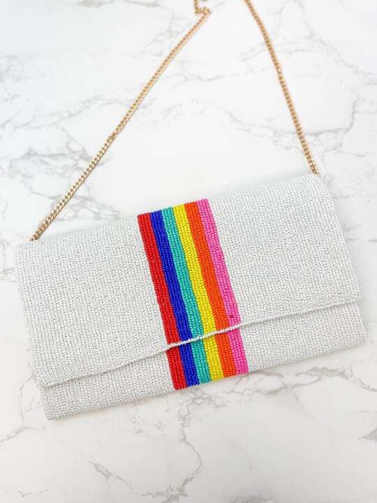Rainbow Stripe Crossbody Chain Clutch in White