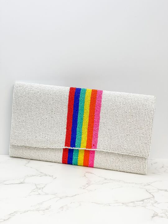 Rainbow Stripe Crossbody Chain Clutch in White