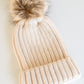Rib Knit Beanie With Detachable Pom Pom In Beige