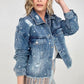 Pearl Embellished Ripped Button Down Denim Jacket