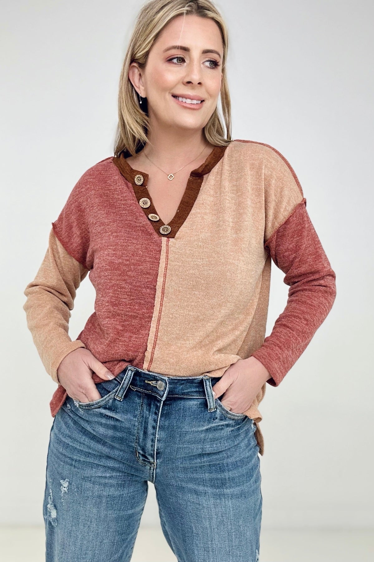 BiBi Mir Sweater Color Block Button With Out Stitching Detailed Top
