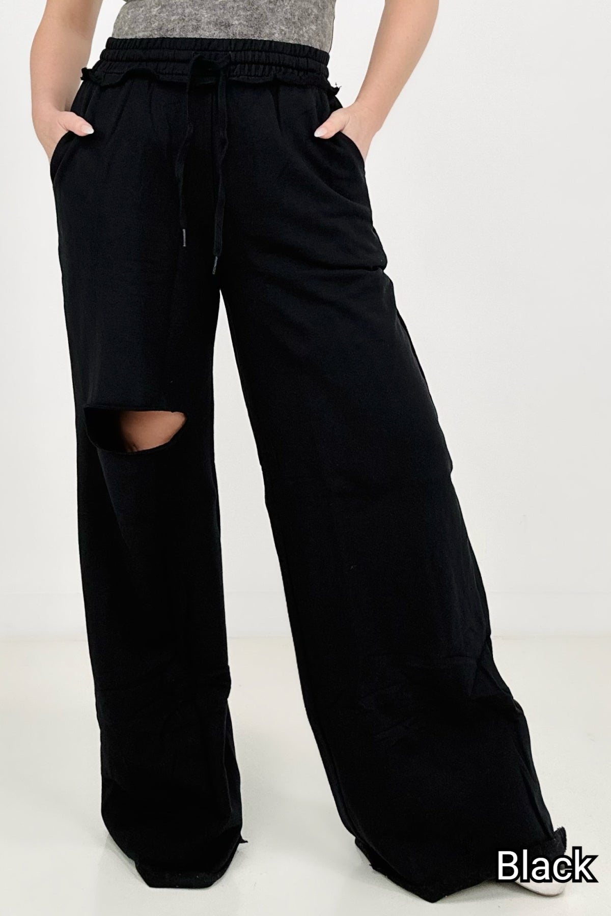 Zenana French Terry Laser Cut Pants With Pockets