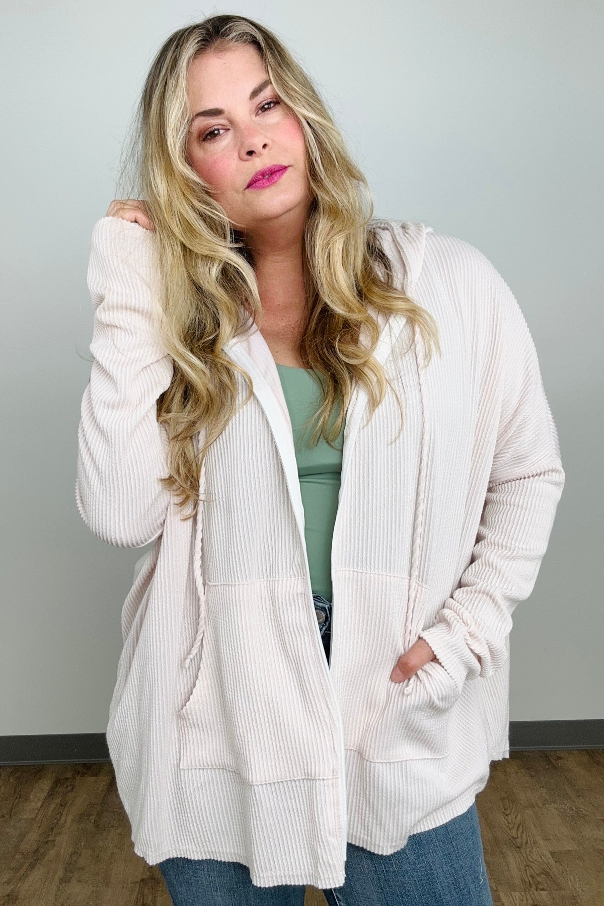 Blumin Solid Ribbed Zip Up Hoodie Jacket