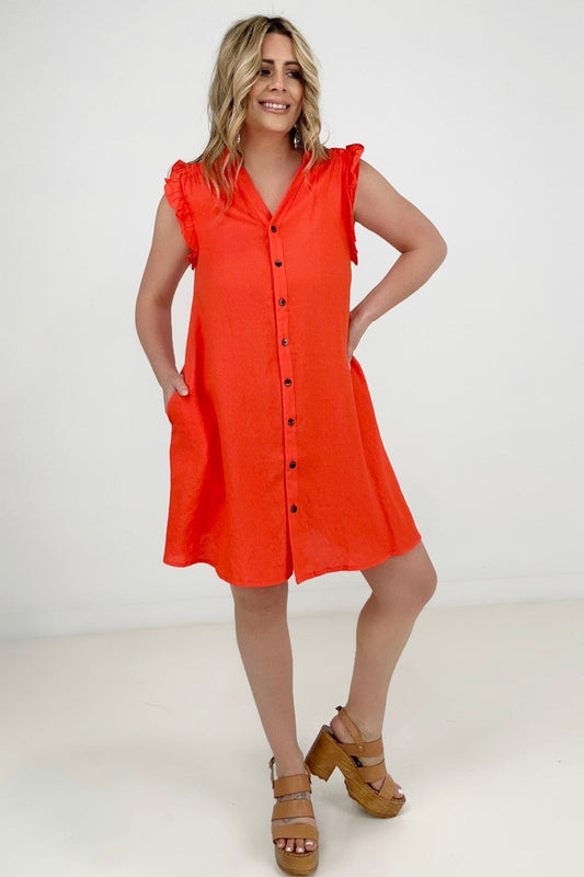 Cozy Co Refreshing V-Neck Button Down Mini Dress with Ruffle Sleeves
