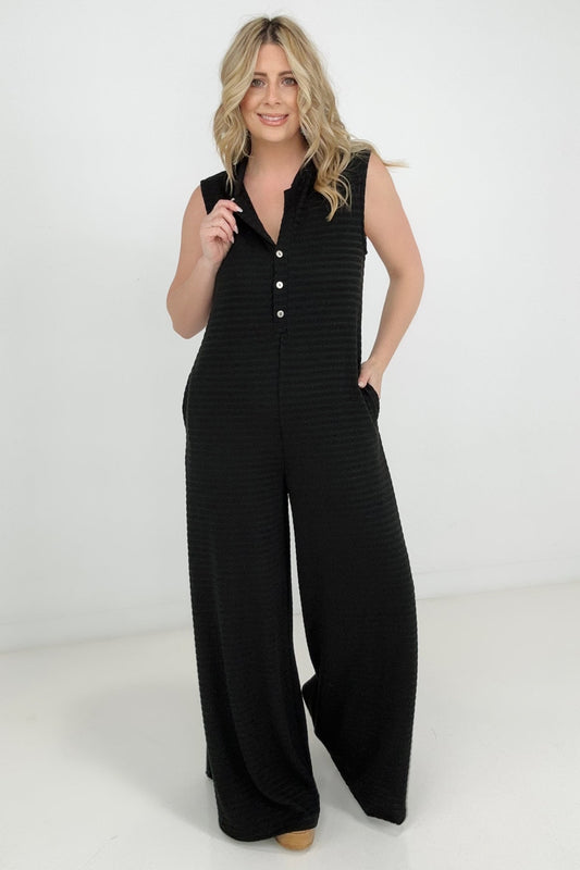 Jade By Jane Button Up Textured Wide Leg Jumpsuit