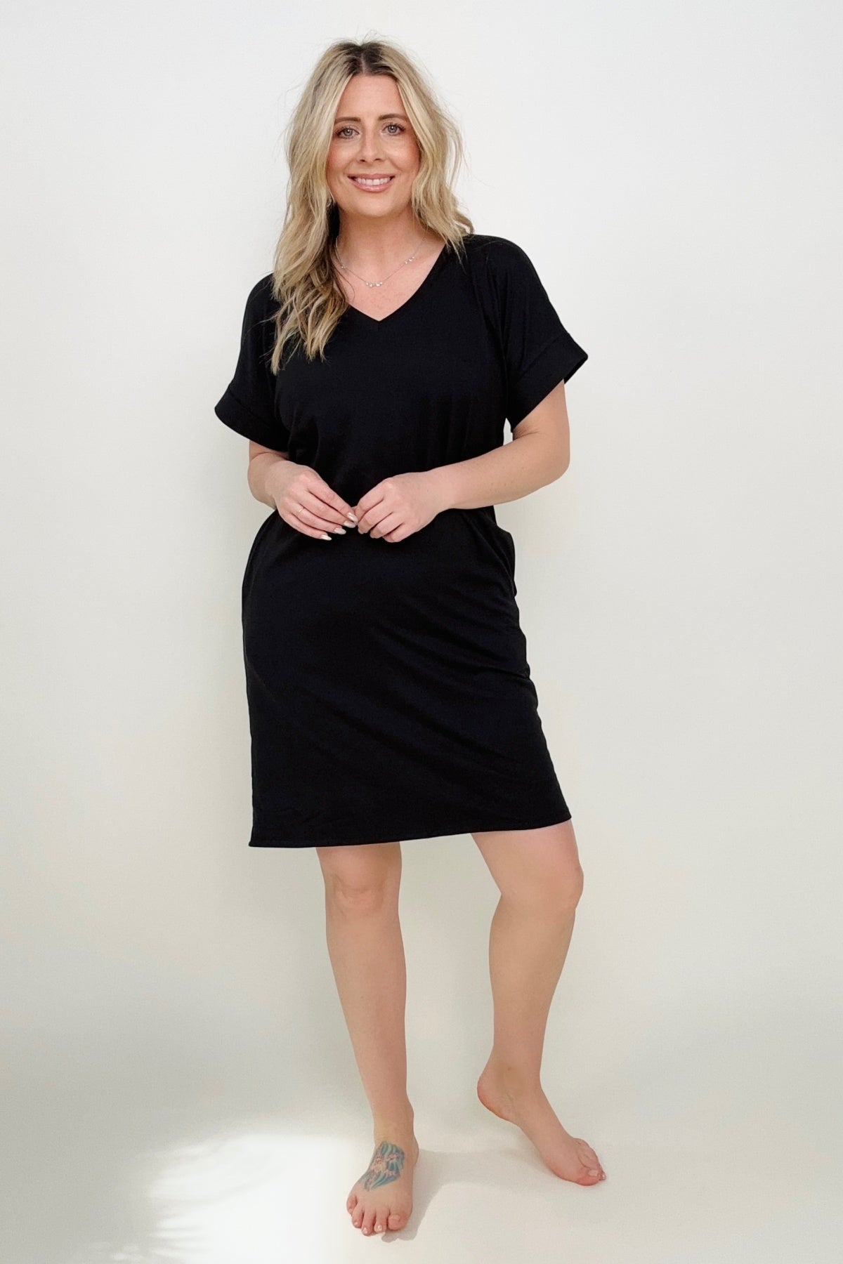 Zenana Brushed DTY Cuffed Short Sleeve V-Neck Dress
