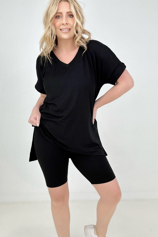 Zenana Brushed Dty Microfiber V-Neck Top & Biker Shorts