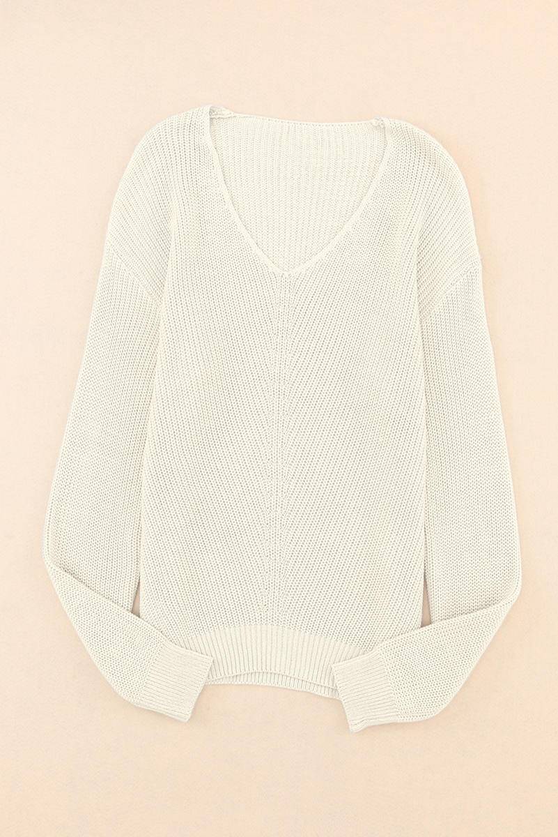 Ribbed Knit V Neck Long Sleeve Sweater