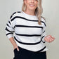 White and Black Stripe Sweater With Pearl Button Detail