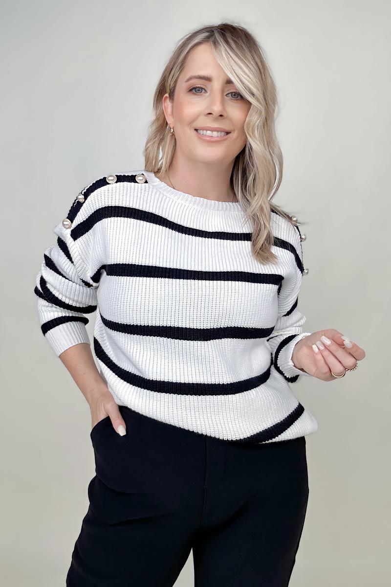 White and Black Stripe Sweater With Pearl Button Detail