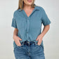 Zenana "April" Gauze Button Down Raw Edge Short Sleeve Top