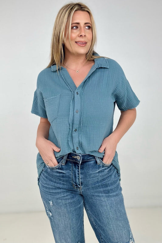 Zenana "April" Gauze Button Down Raw Edge Short Sleeve Top