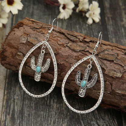 Retro Teardrop-Shaped Hollow Turquoise Cactus Drop Earrings