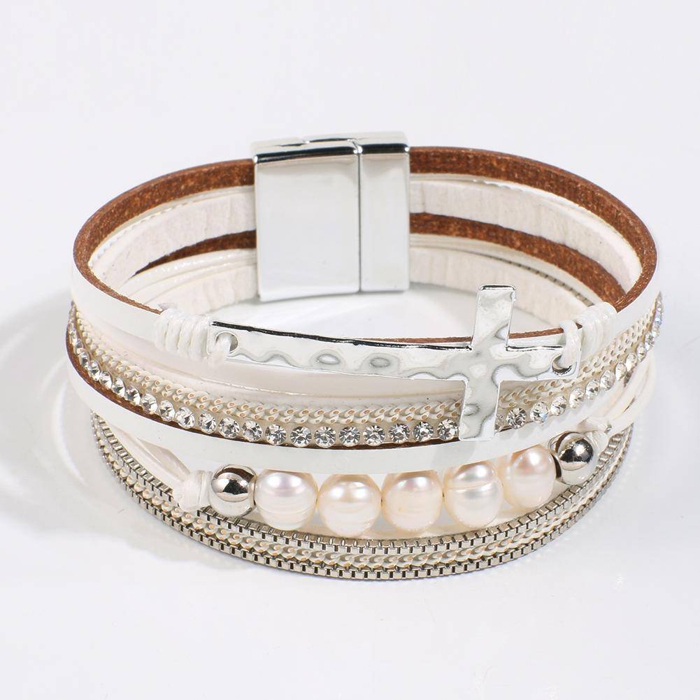 Boho Pearl Leather Wrap Bracelet With Magnetic Clasp