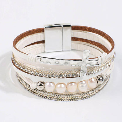 Boho Pearl Leather Wrap Bracelet With Magnetic Clasp