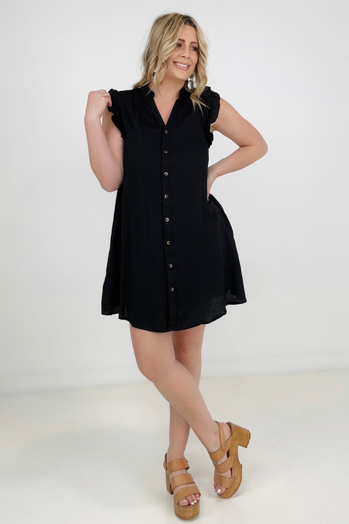 Cozy Co Refreshing V-Neck Button Down Mini Dress with Ruffle Sleeves