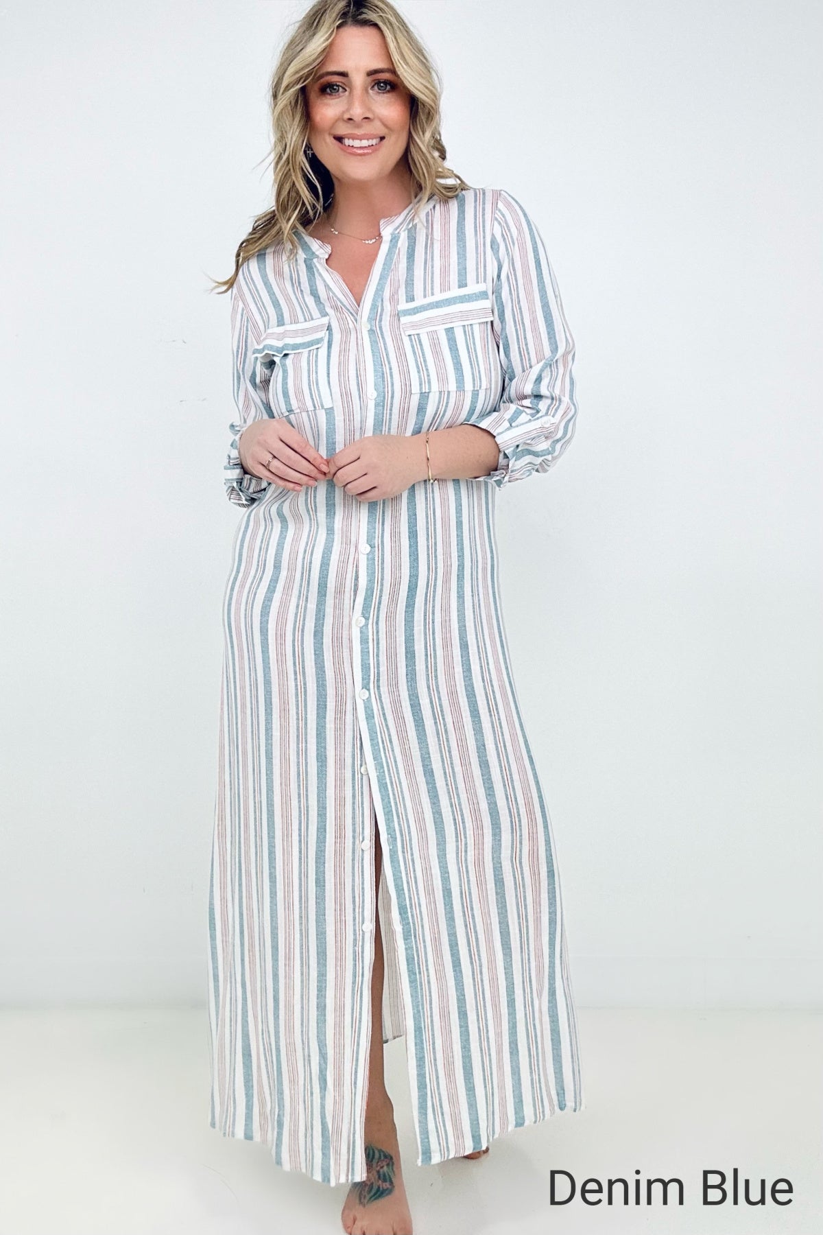 Cozy Co Long Sleeve Striped Button Down Maxi Dress