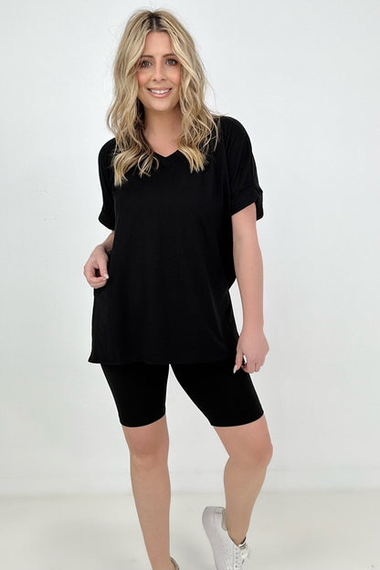 Zenana Brushed Dty Microfiber V-Neck Top & Biker Shorts
