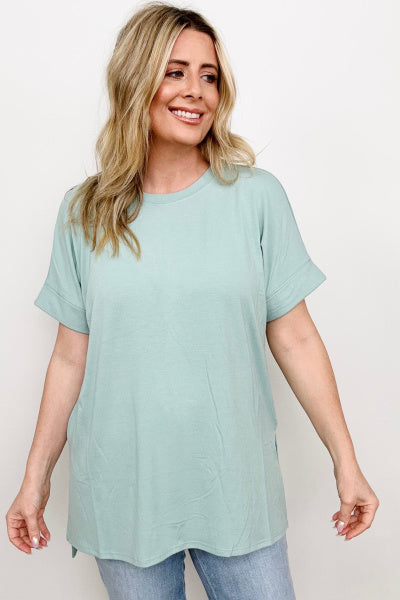 Zenana Cuffed Sleeve Side Slit High-Low Hem T-Shirt