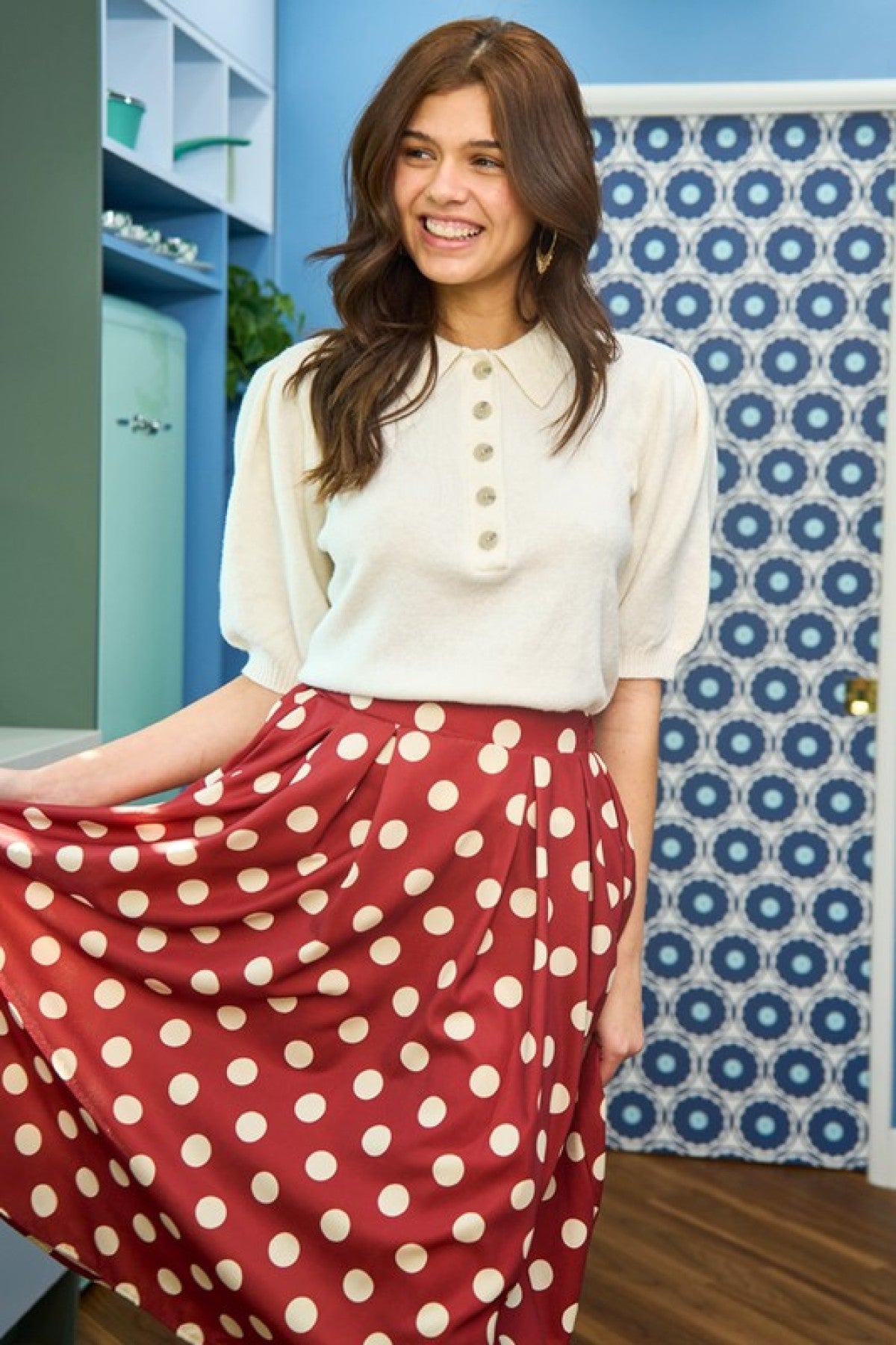 Jade By Jane Polka Dot Pleated Midi Skirt
