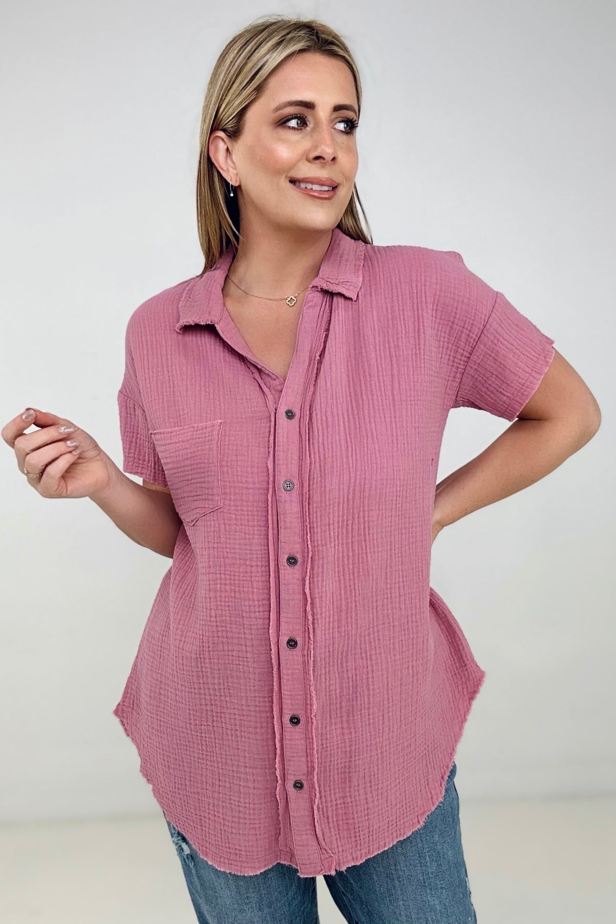 Zenana "April" Gauze Button Down Raw Edge Short Sleeve Top