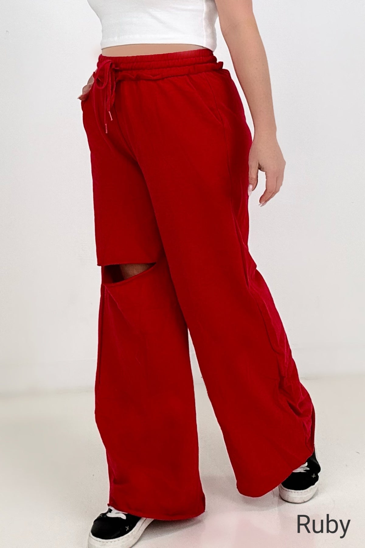 Zenana French Terry Laser Cut Pants With Pockets