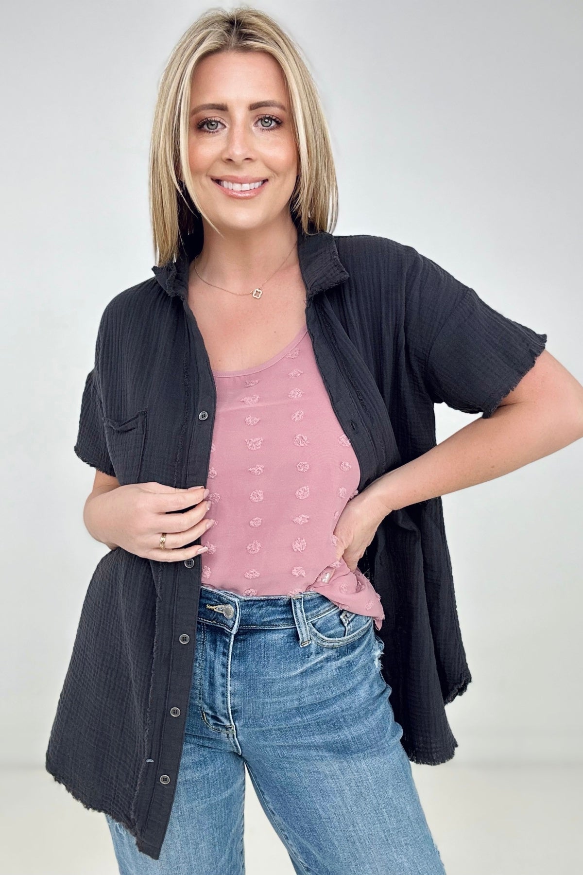 Zenana "April" Gauze Button Down Raw Edge Short Sleeve Top