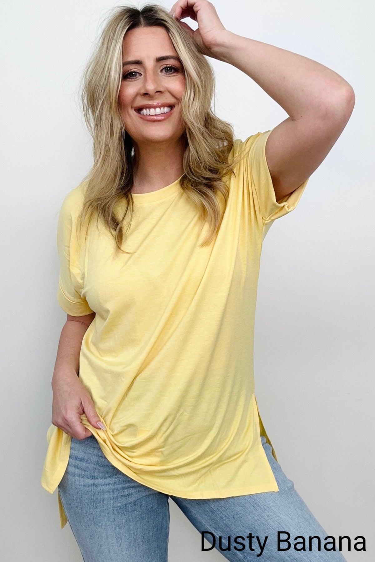 Zenana Cuffed Sleeve Side Slit High-Low Hem T-Shirt