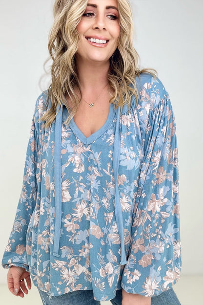 BiBi Floral Woven York Tied Neck Long Sleeve Top