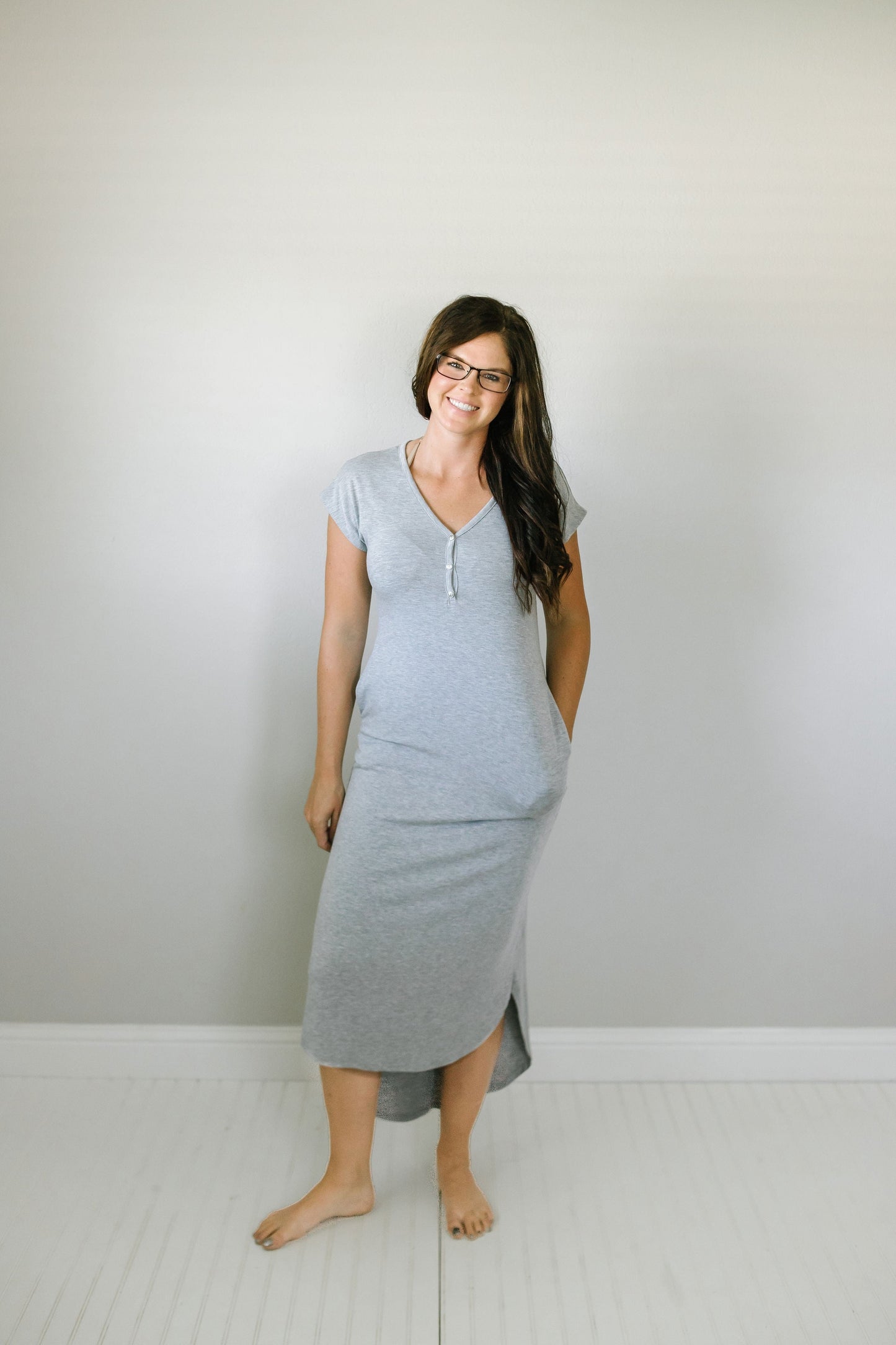 Solid short sleeve V neck Oversized maxi dress