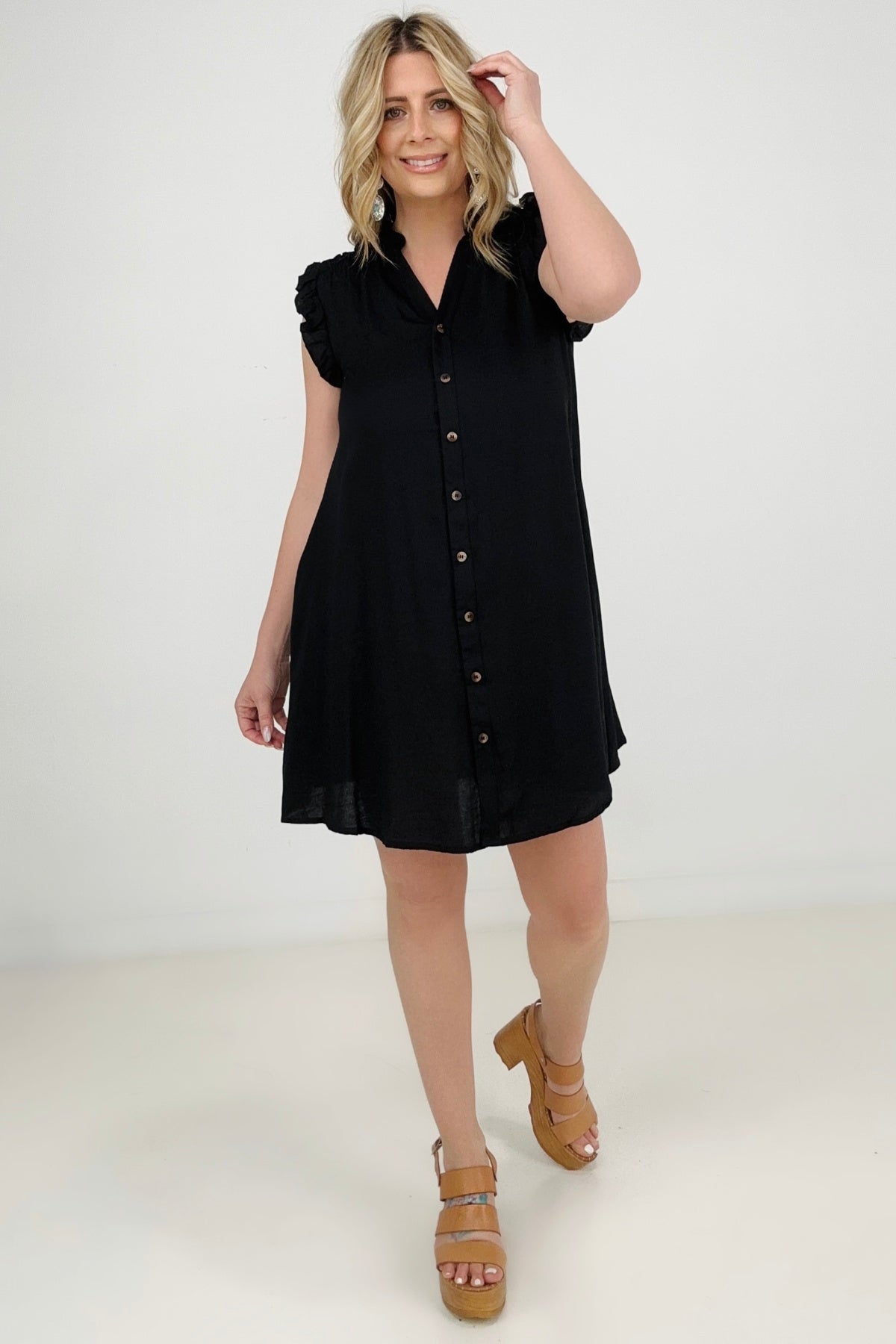 Cozy Co Refreshing V-Neck Button Down Mini Dress with Ruffle Sleeves