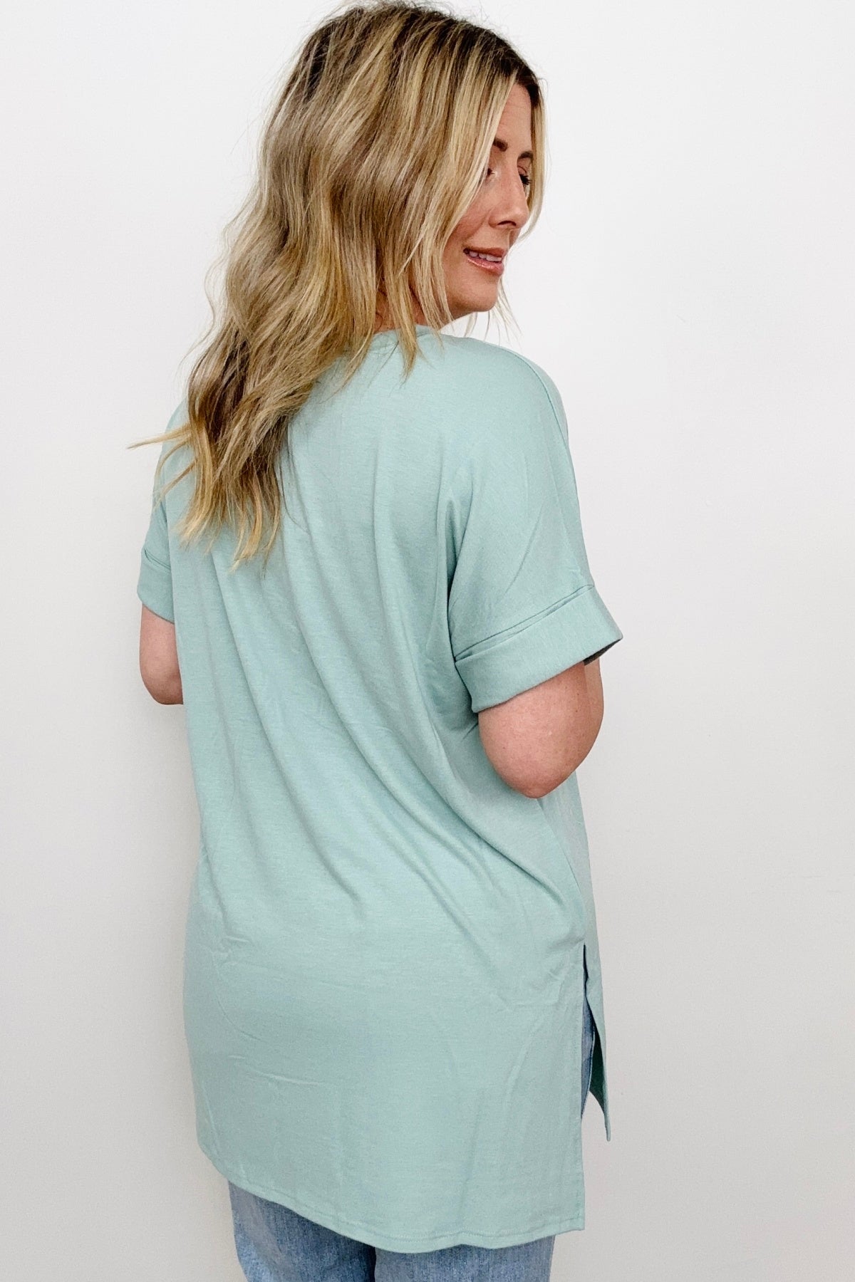 Zenana Cuffed Sleeve Side Slit High-Low Hem T-Shirt