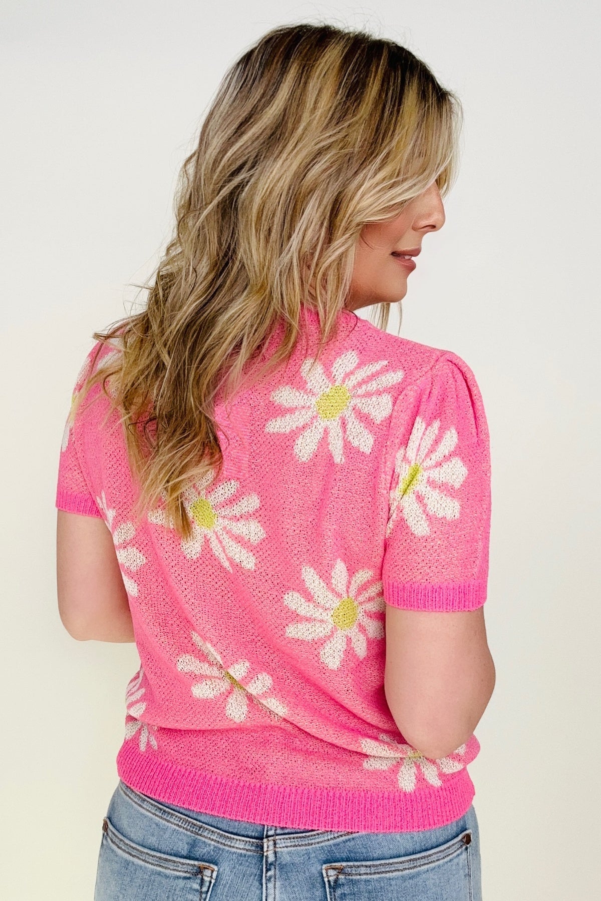 Petal Dew Daisy Round Neck Short Sleeve Knit Sweater