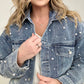 Pearl Embellished Ripped Button Down Denim Jacket