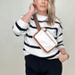White and Black Stripe Sweater With Pearl Button Detail