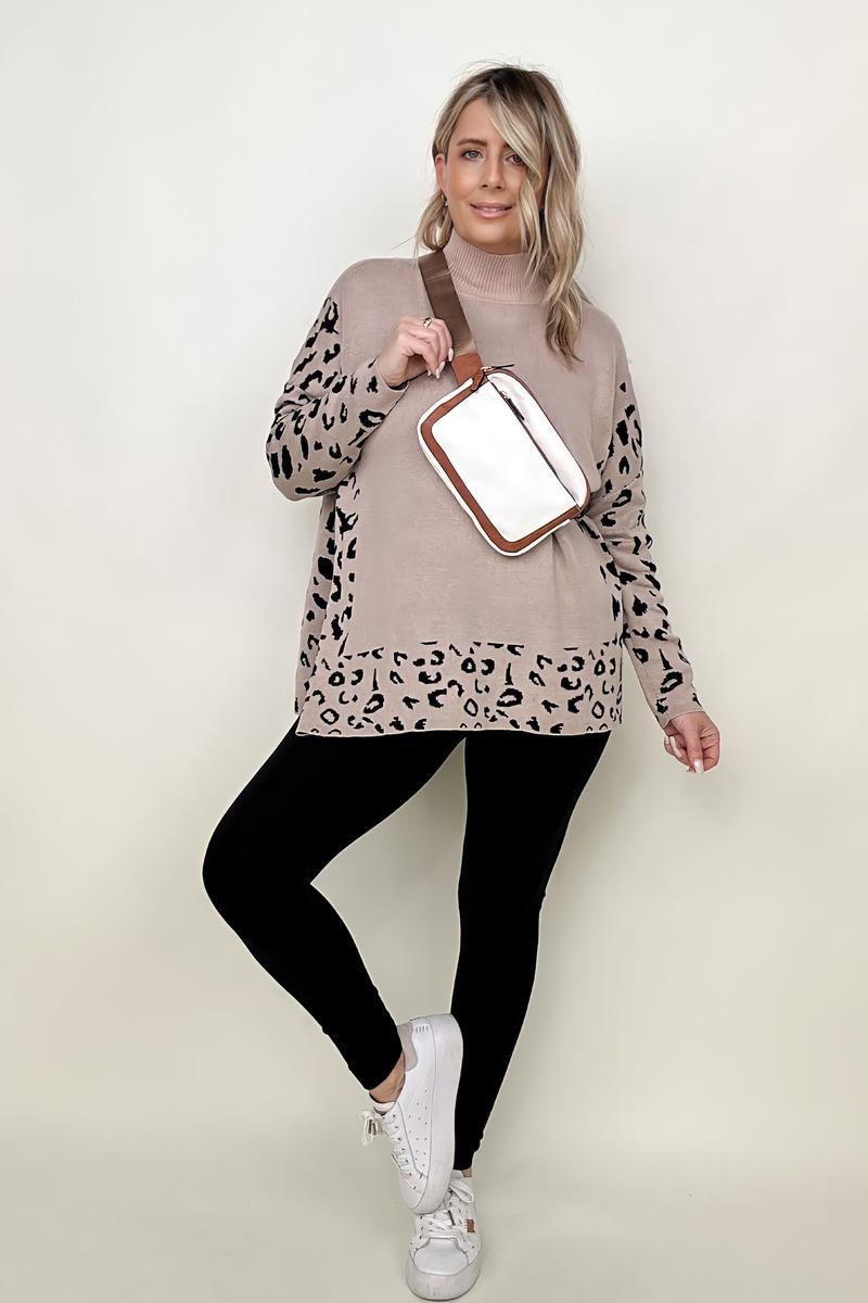 Khaki Leopard Mock Neck Dolman Sweater