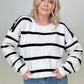 White and Black Stripe Sweater With Pearl Button Detail