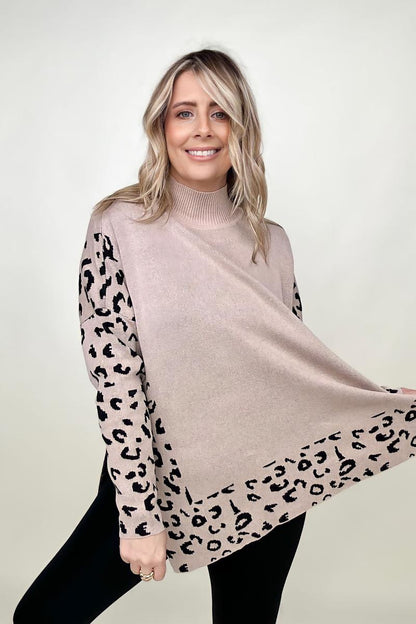 Khaki Leopard Mock Neck Dolman Sweater
