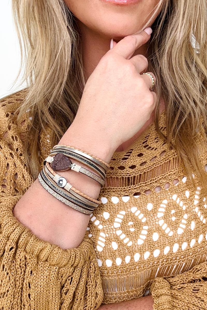 Boho Crystal Leather Wrap Bracelet With Magnetic Clasp